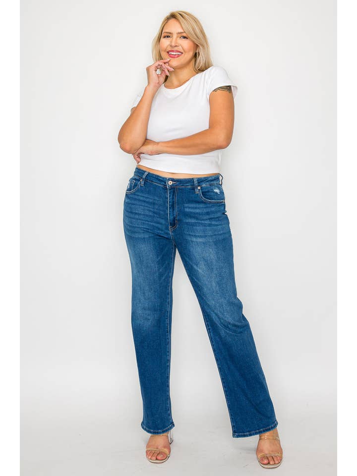 Blue PLUS SIZE HIGH RISE STRAIGHT LEG JEAN #BT5002X for wholesale on Faire
