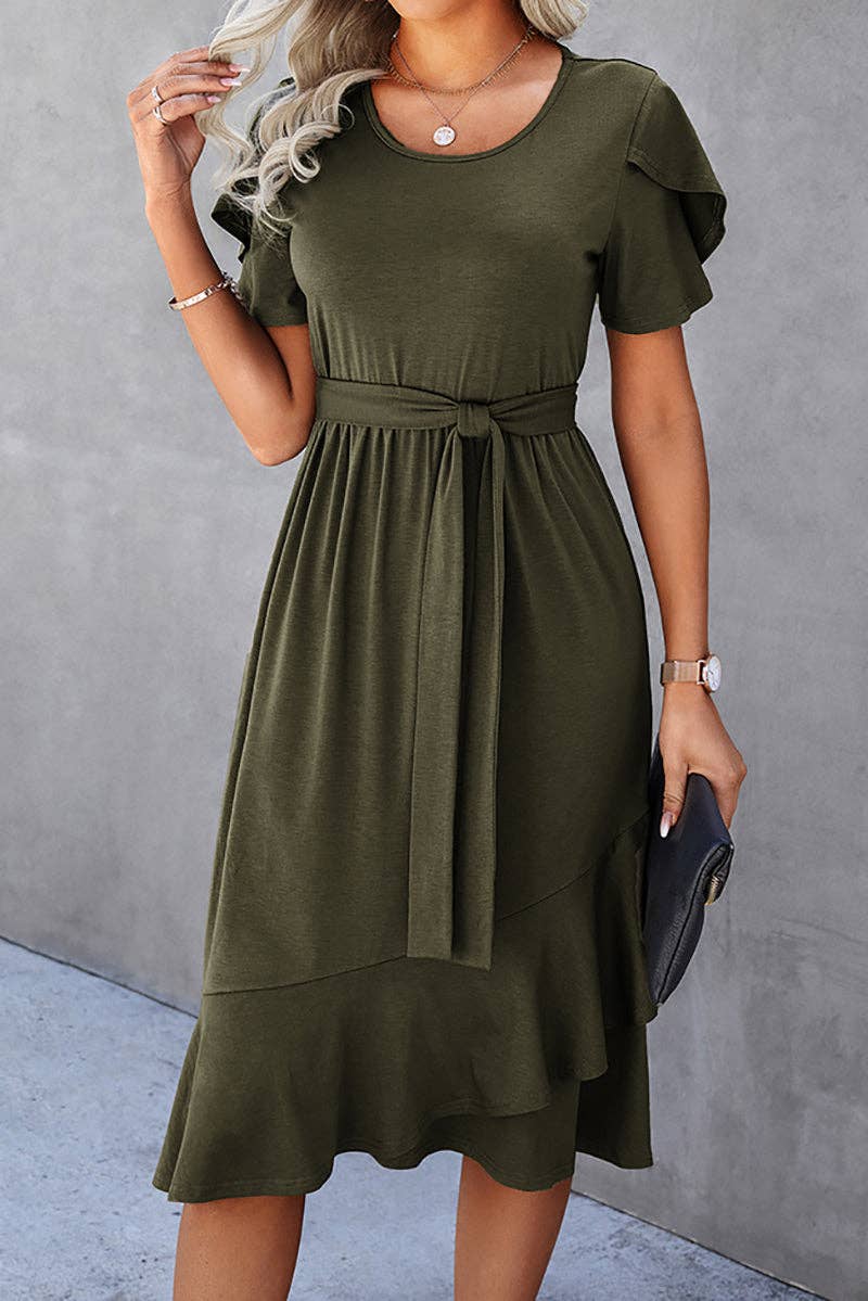 Supreme Fashion - Wholesale Dress - Women's - Petal Sleeve Ruffle Trim Belted Midi Dress1