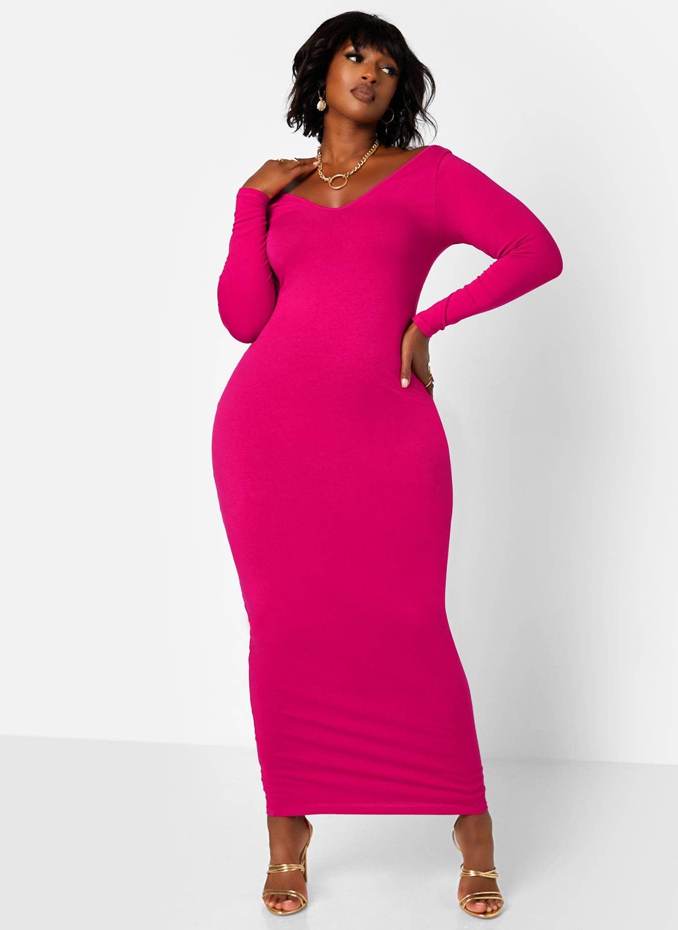 Essential Off The Shoulder Long Sleeve Maxi Bodycon Dress - Fuchsia for wholesale on Faire1