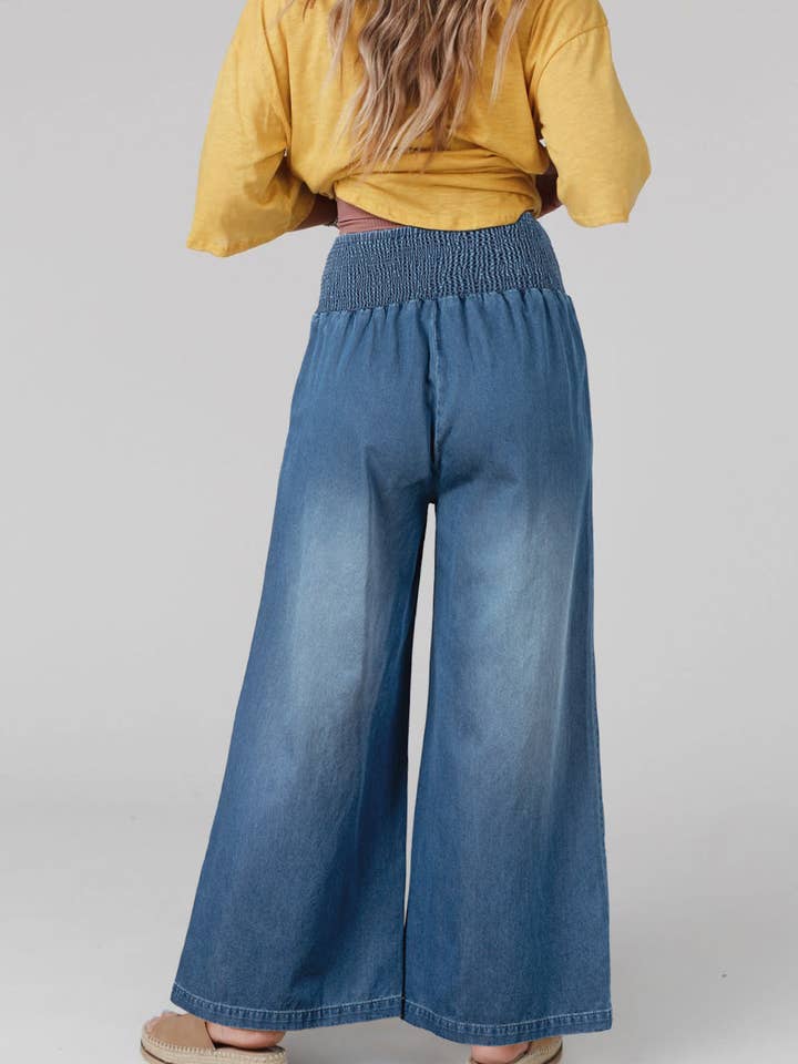Ashleigh Blue Smocked Waist Wide Leg Jeans for wholesale on Faire