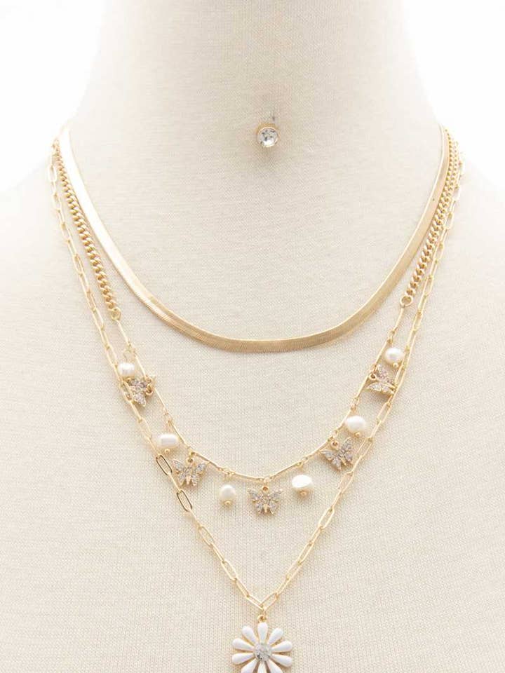 Flower Pendant Butterfly Charm Layered Necklace for wholesale by CC Wholesale Clothing