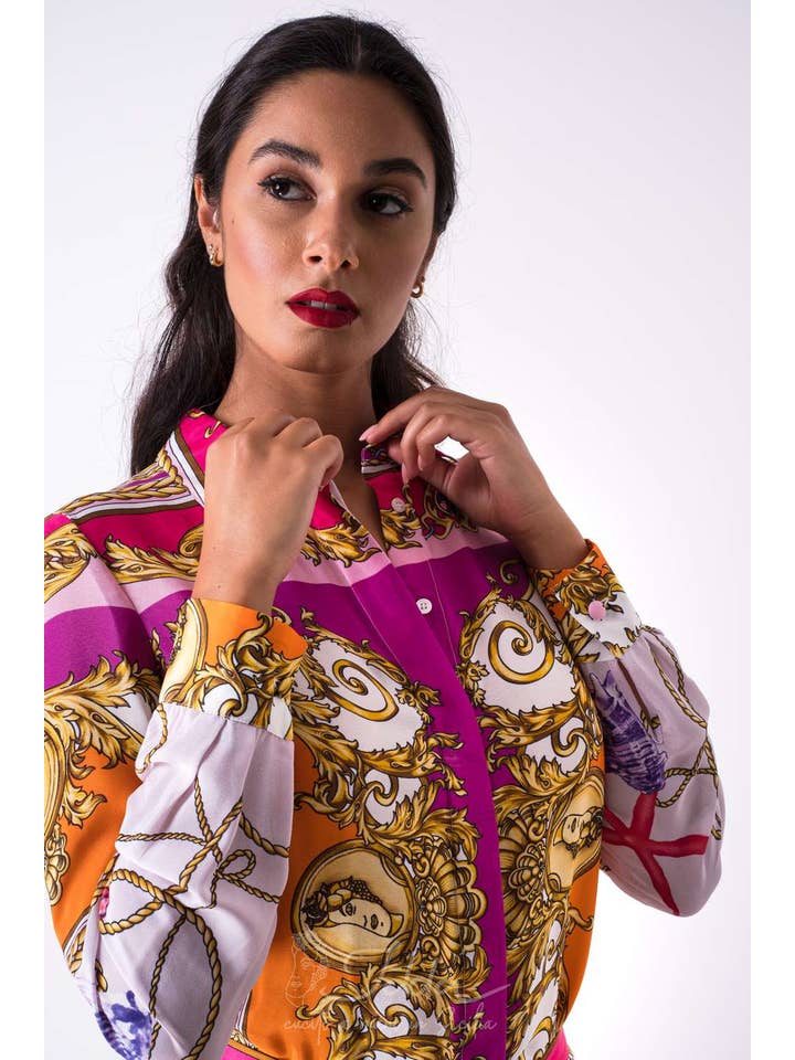 IDDA - Vendita all'ingrosso Camicia button down - Donna - Camicia in crepe de chine di seta - stampa foulard