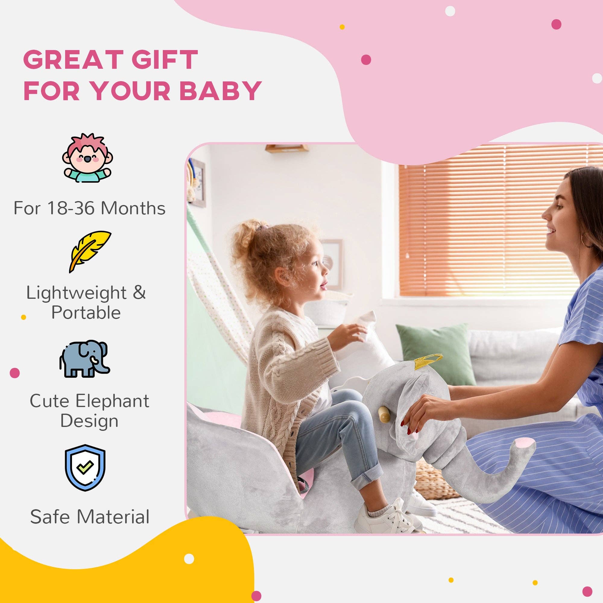 39F Inc. - Wholesale Rocking Horse - Kids - Baby Elephant Rocking Horse with Sound and Safety Belt，Grey9