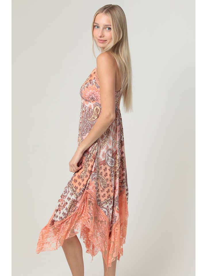 ANGIE - Wholesale Dress - Women's - H4466-W909 SPAGHETTI STRAP VNECK LACE TRIM MIDI DRESS