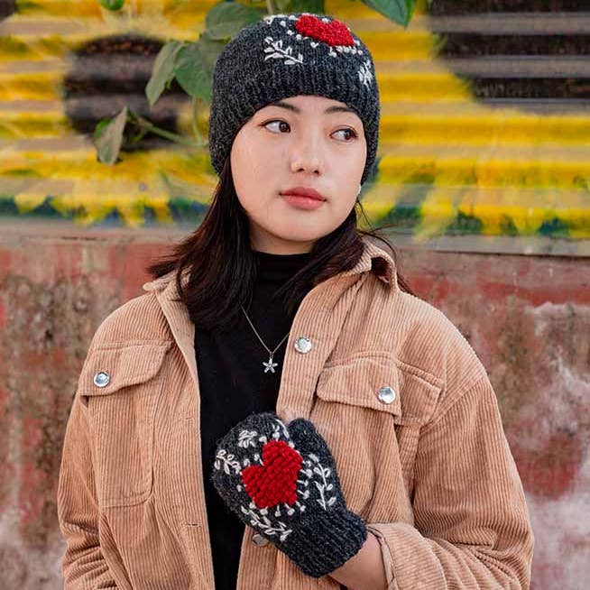 Ganesh Himal Trading - Wholesale Beanie - Women's - Wool Knit Hat w/Heart Design, fleece lined1
