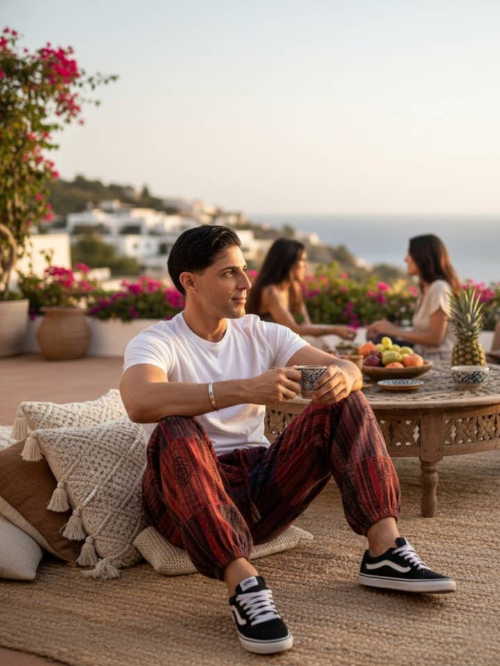 Unisex red patchwork harem pants Kimago cotton for wholesale by Kimago Look