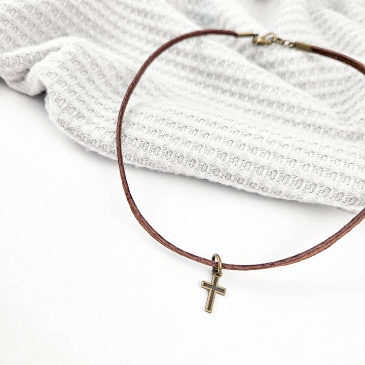 Child's Cross + Leather Essential Oil Diffuser Necklace for wholesale by The Curated Carrot
