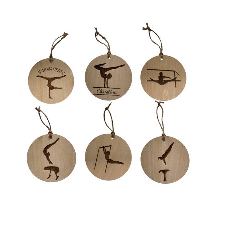 Set of 6 Wooden Gymnastics Theme Ornaments (4x4 inches) for wholesale by Wooden Nose Gift Shop