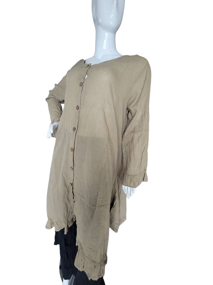 Evergreen Guardian Imports - Wholesale Dress - Women's - TD2457 Solid Cotton Button Down Ruffled Dress Tan7