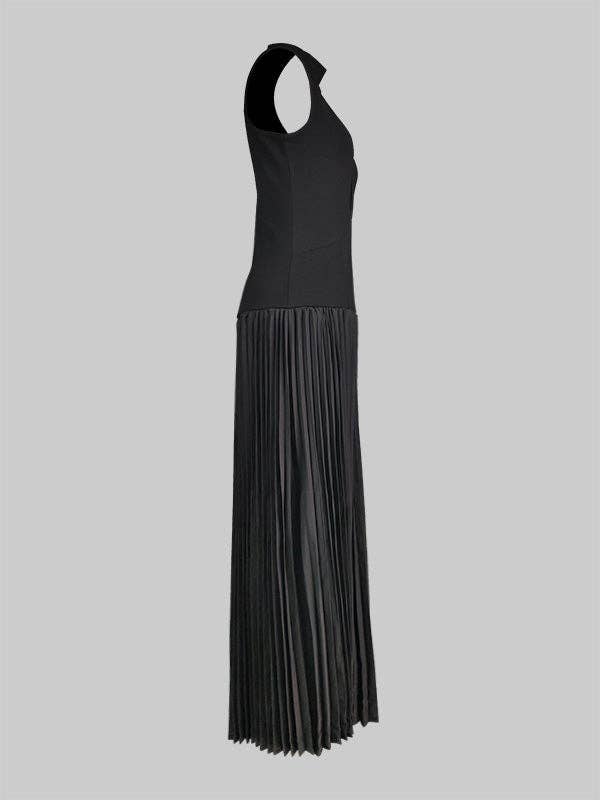 BLACK Bodycon Sleeveless Hollow Pleated Solid Color Split-Joint Mock Neck Maxi Dresses for wholesale on Faire7