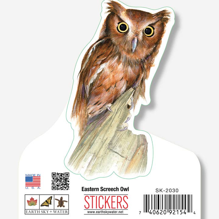Eastern Screech Owl Nature Sticker, 3.5" wide for wholesale by Earth Sky + Water
