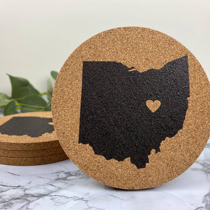 Ohio In Black With Heart Cork Coasters for wholesale by WT Custom Designs