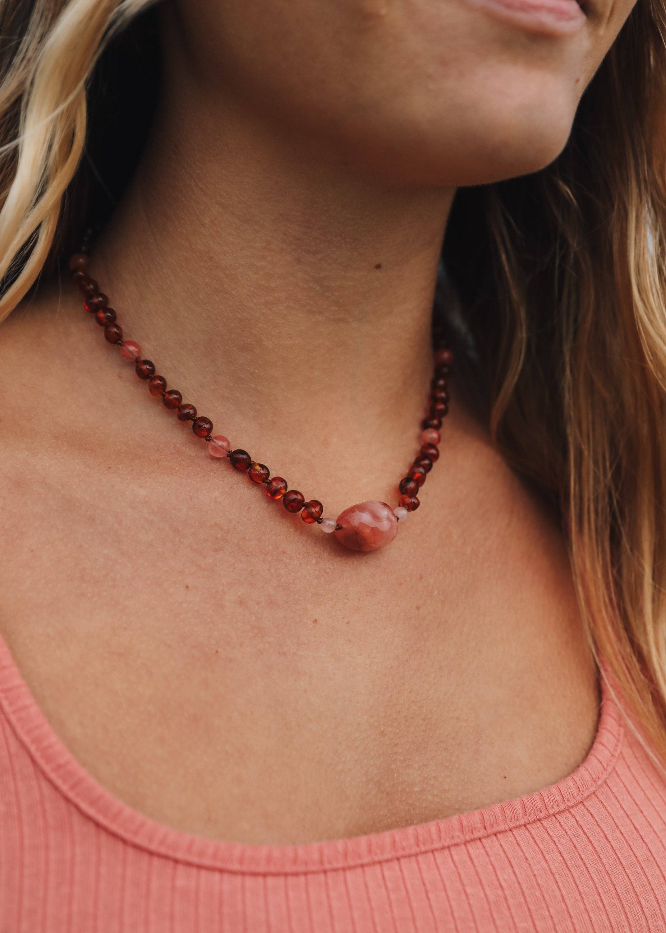 CanyonLeaf - Wholesale Beaded/Pearl Necklace - Cognac Baltic Sea Amber || Cherry + Rose Quartz || Necklace0