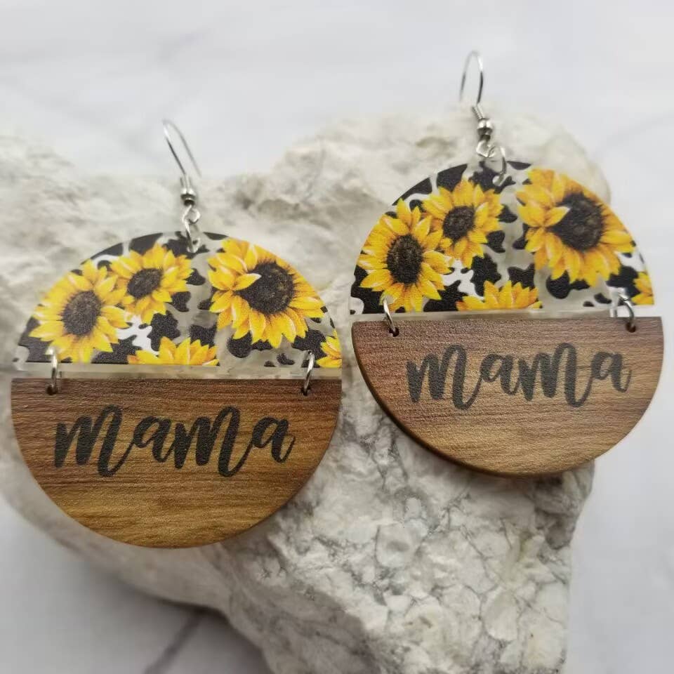 The Pretty Jewellery – Engroshandel Hængeøreringe og creoløreringe – Blandet akryl træ MAMA solsikke øreringe1