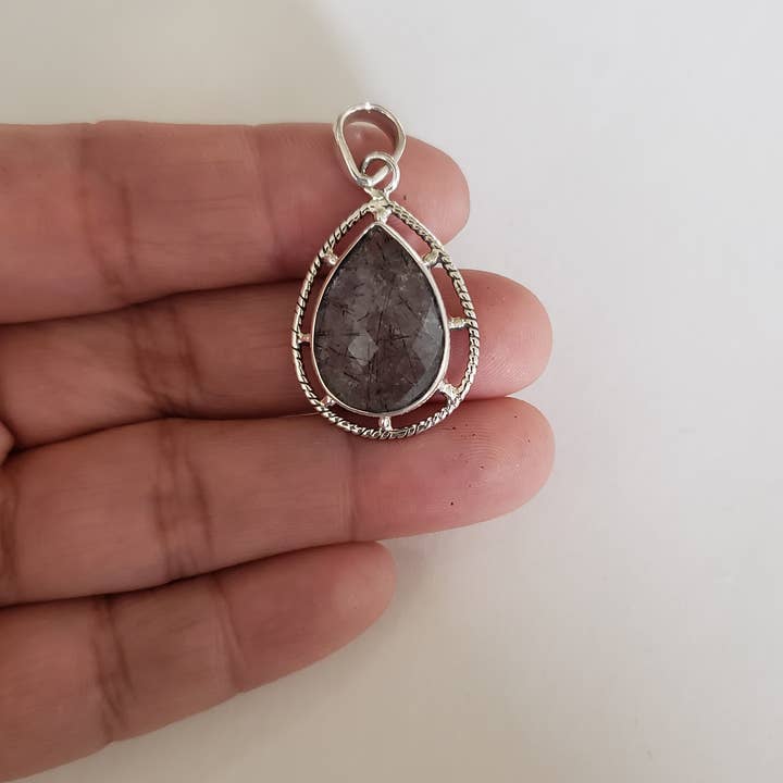 Pingente de Quartzo Rutilado Preto em prata, prata de lei 925 por atacado de GTG Gems Corp