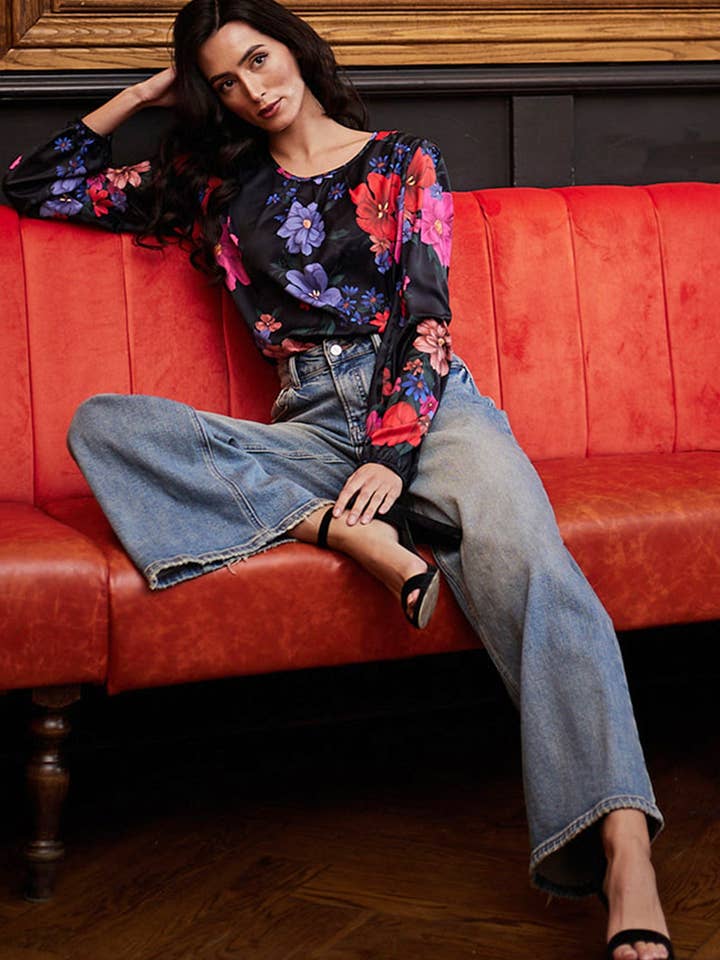 Floral satin black blouse for wholesale by ANGELEYE