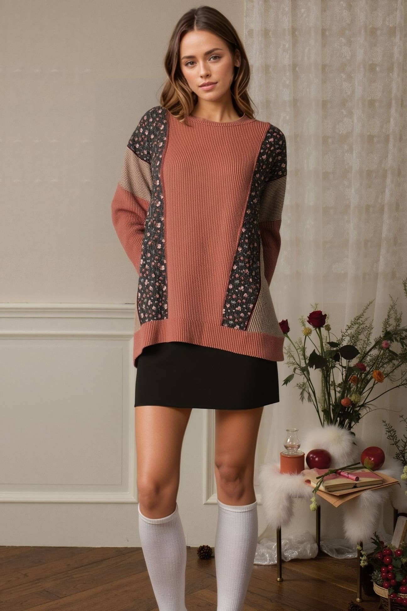 HEIMISH – wholesale Tunic – Women’s – ET7988-11 SOLID AND FLORAL URBAN RIB CONTRAST TOP4