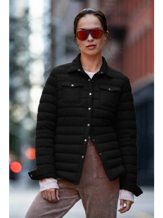 Cotes of London - Wholesale Puffer Jacket - Women's - The Harrow Bouclé | Down Shirt | Midnight Black3