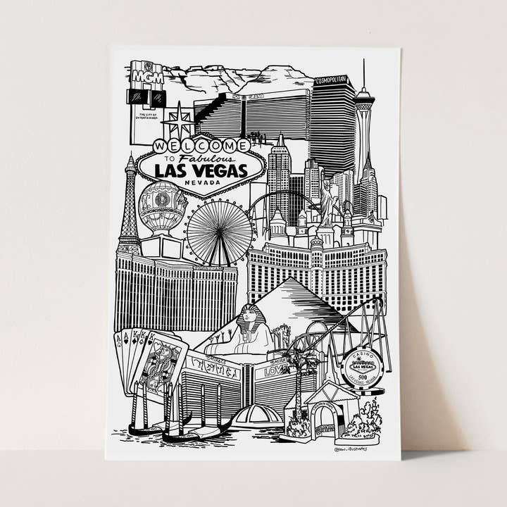 Las Vegas Landmark Skyline Illustration Print for wholesale by LAW Illustrates