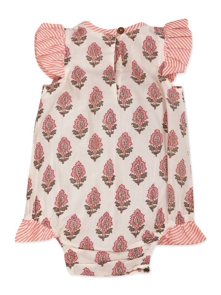 Yo Baby - Vente Robe – bébé - Robe à bulles pour bébé avec imprimé butin corail et volant à rayures corail1