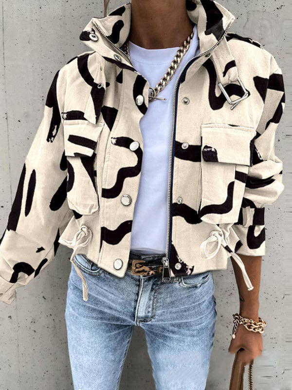 VividLux - Wholesale Jacket - Women's - Long Sleeves Loose Buttoned Drawstring Pockets Printed Split-Joint Zipper Stand Collar Jackets Outerwear