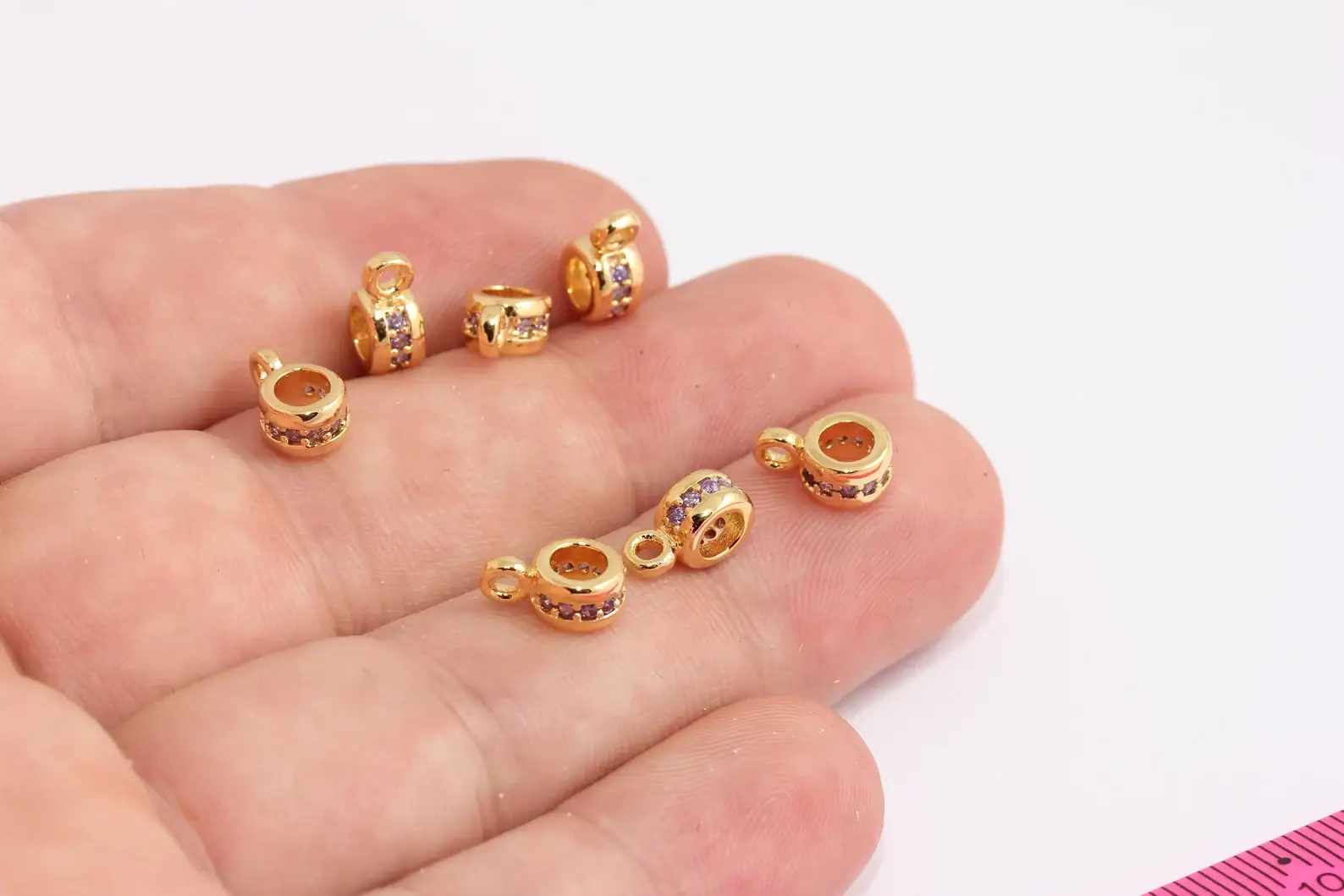 QueenJewelryM - Wholesale Individual Charm/Pendant - 24k Shiny Gold CZ Micro Pave Wheel Beads With Loop, CHK337-40