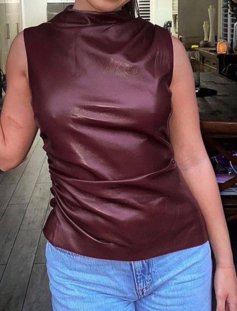 safistyle - Wholesale Blouse - Women's - Faux Leather Ruched Sleeveless Top1