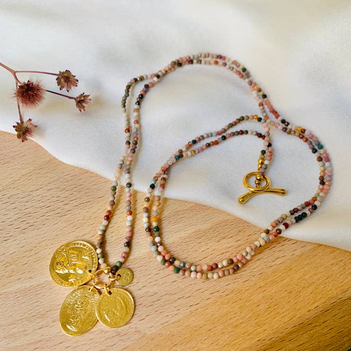 Loula gemstone bracelet and necklace with medals (B/CLO20) for wholesale by Sophie Deschamps Bijoux