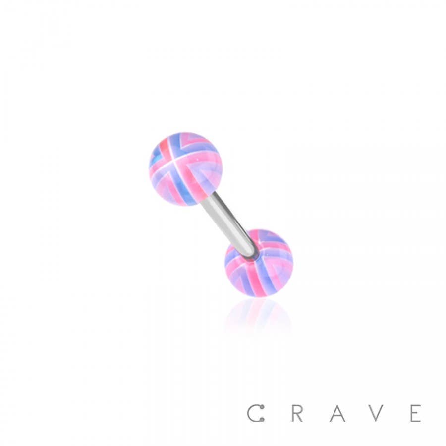 CRAVE - Wholesale Tongue Ring - STRIPED ACRYLIC BALL 316L SURGICAL STEEL BARBELL1