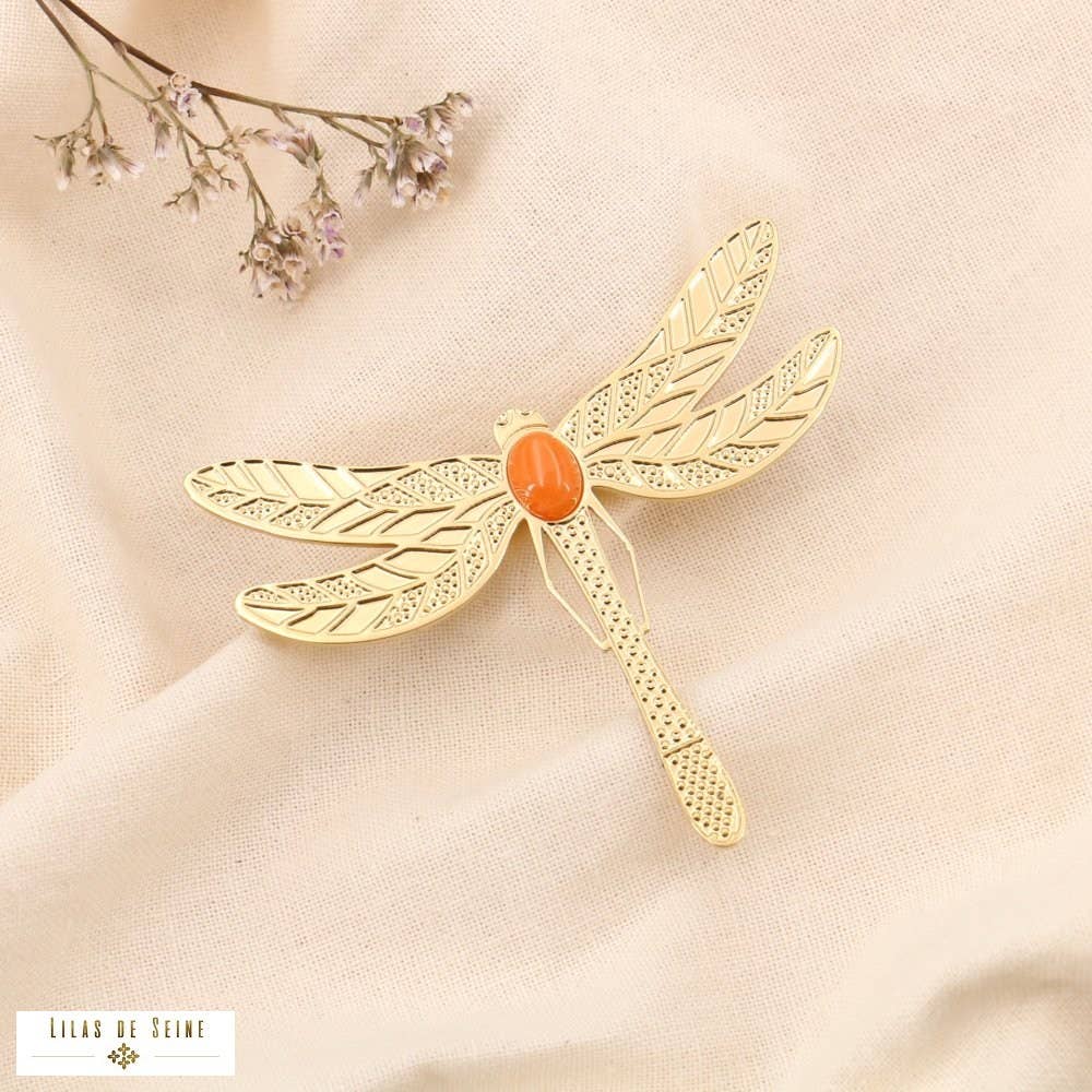 Lilas de Seine - Wholesale Brooch - Dragonfly brooch stainless steel textured cabochon stone 05230062