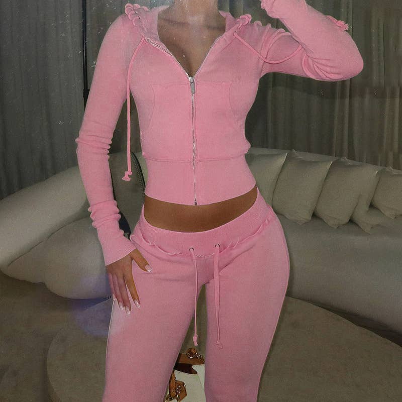 HIDDENBRAND - Wholesale Top & Pant Set (NOT Loungewear) - Women's - Y2k hooded crop zip jacket top & pants set4