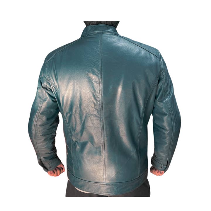 TA Impex - Wholesale Leather Jacket - Men's - Men's Teal Leather Cafe Racer Jacket – Stand Collar