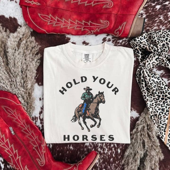 Fringed Outlaw Wholesale - Wholesale Screen Printed T-Shirt - Women's - HOLD YOUR HORSES COMFORT COLOR TEE