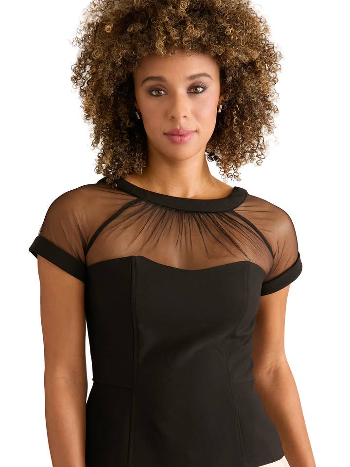 ILLUSION MESH YOKE & SLV SOLID FITTED TOP for wholesale by Maggy London Group