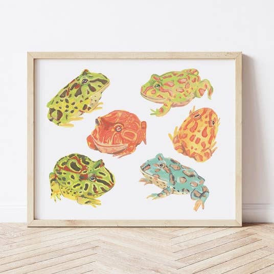 Multicolored Morphs Pac man Frogs Illustration Giclee Print for wholesale by Stephanie Missan Studio