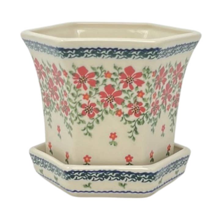 Flower Pot, Hexagonal, 5" Small in "Draping Red Florals" by Galia | GDN08-PW3 for wholesale by Polish Pottery Outlet