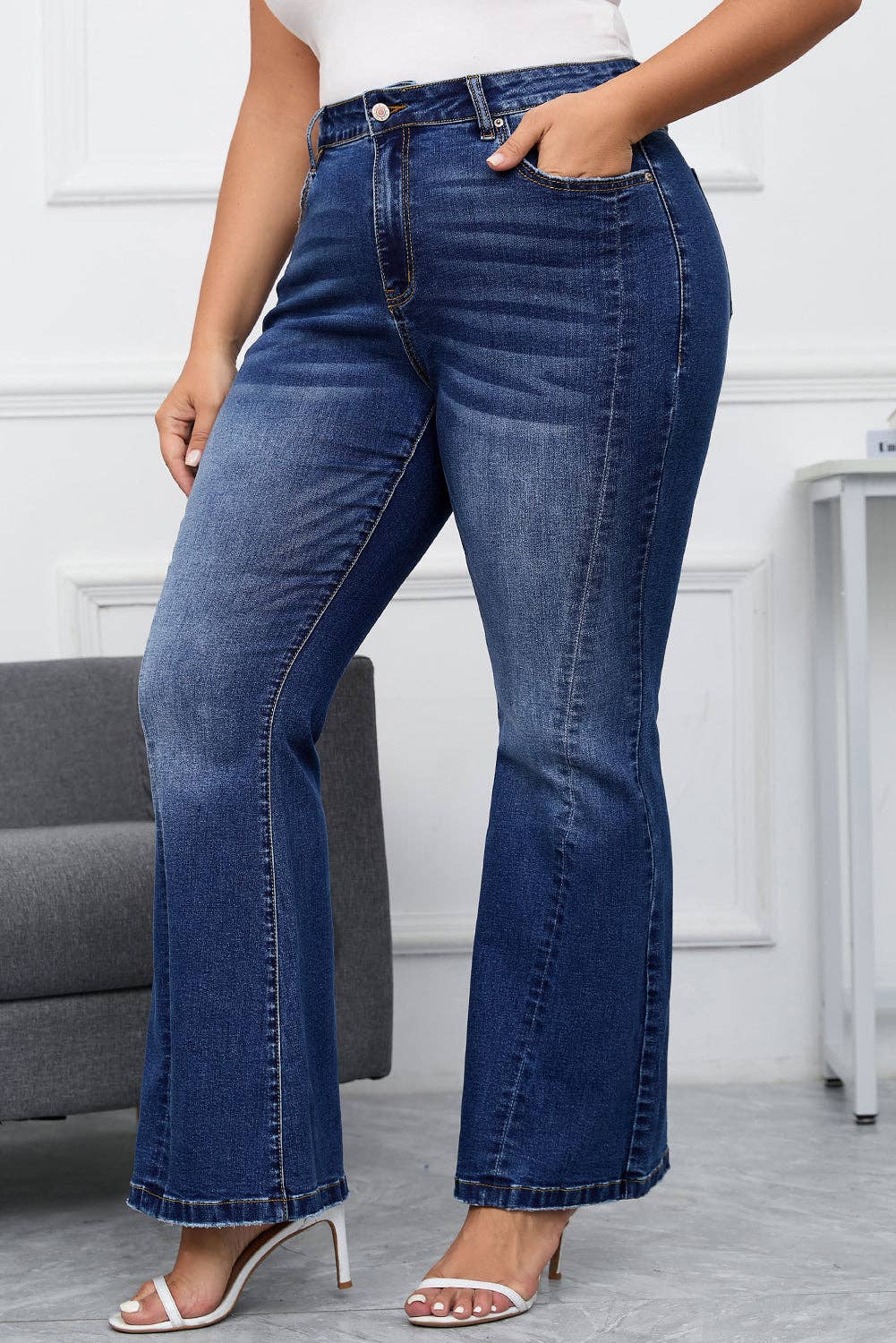 Aila Dark Blue Plus Size Stitching Flare Jeans for wholesale on Faire2