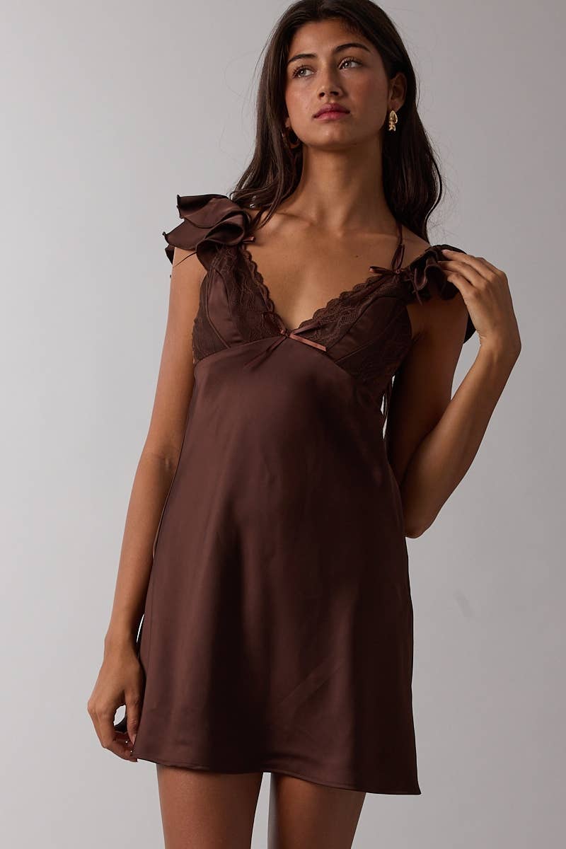 Sky to Moon - Wholesale Dress - Women's - SATIN RUFFLE WING SLEEVE SCELLOP LACE MINI DRESS5