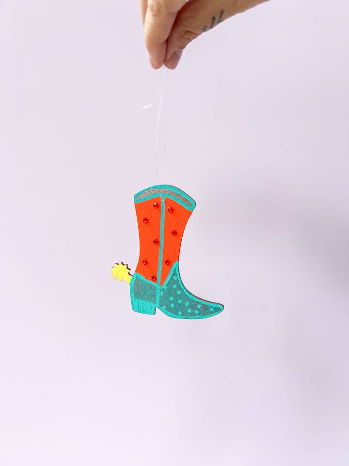 Cowgirl Boot Ornament - 4in Hand Painted Maximalist Western for wholesale by Velvet Outlaw