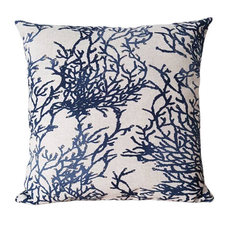 Decorative cushion with blue coral patterns on a light gray background for wholesale by Les P'tits Coussins