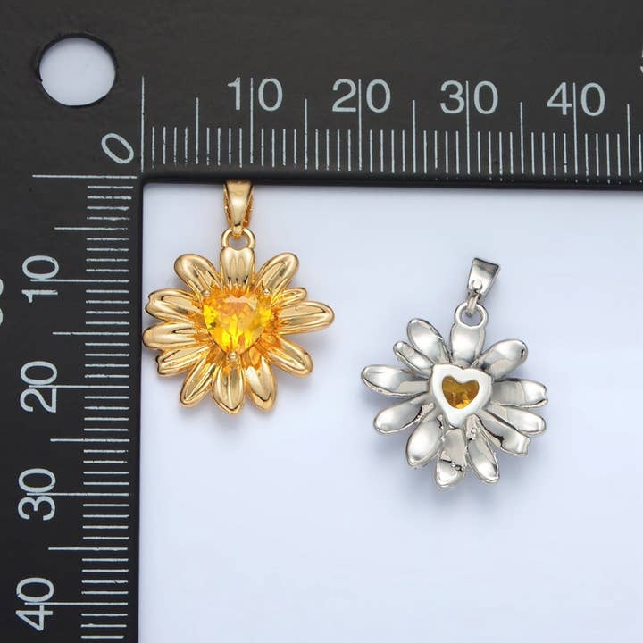 Aim Eternal - Wholesale Individual charm/pendant - 24K Gold Filled Yellow Heart CZ Sunflower Pendant in Gold & Silver | AA13902