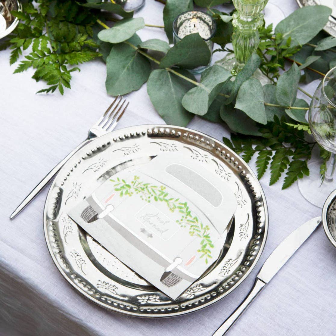 Talking Tables USA - Wholesale Disposable Napkin - Just Married Car Shaped Napkins - 16 Pack | Wedding Decor |7