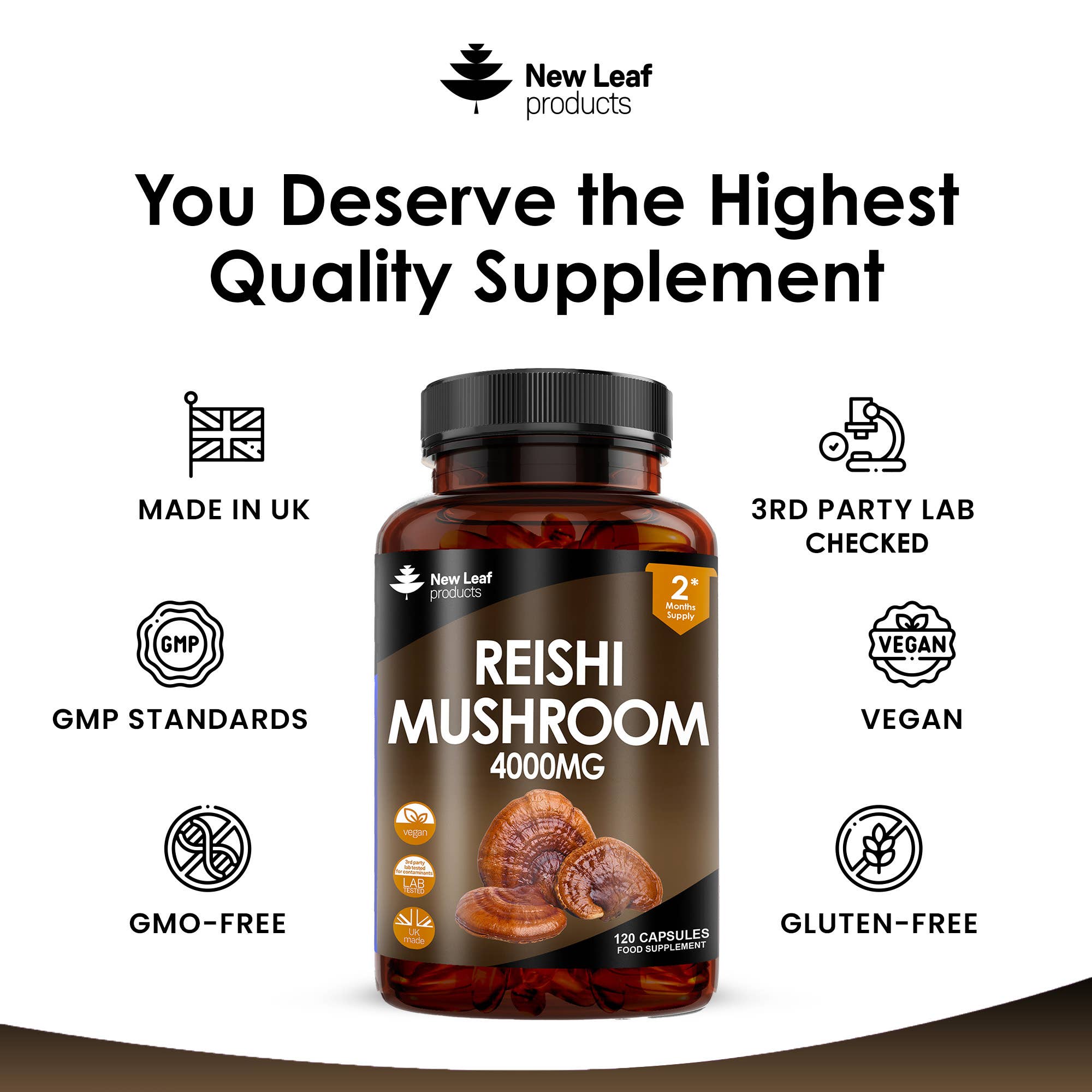 New Leaf products Ltd – wholesale Oral supplement/vitamin – Reishi Mushroom 4000mg Vegan Capsules - 100% Fruiting Body3