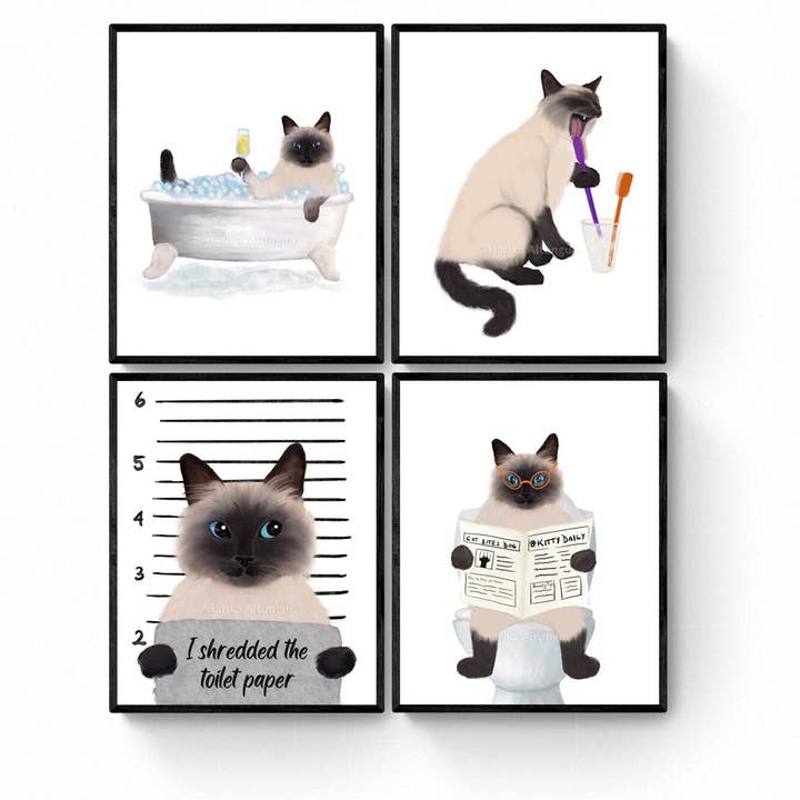 Ensemble de 4 œuvres d'art de salle de bain avec chat himalayen, décoration murale de salle de bain, art mignon de chat himalayen dans le bain, impression de chat sur les toilettes, cadeau pour amoureux des chats, journée spa pour chat. pour la vente par MerikaArt