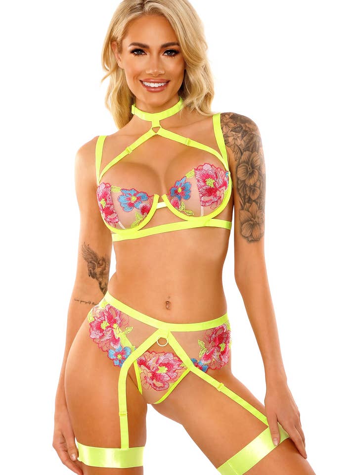 In A Trance Embroidered Bra, Garter Belt and G-string for wholesale by Fantasy Lingerie