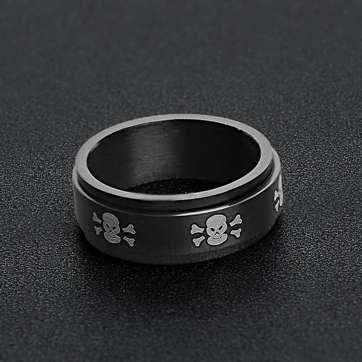 WJW - Wholesale Band/Stacked Ring - Stainless Steel Black & White Skull Spinner Ring