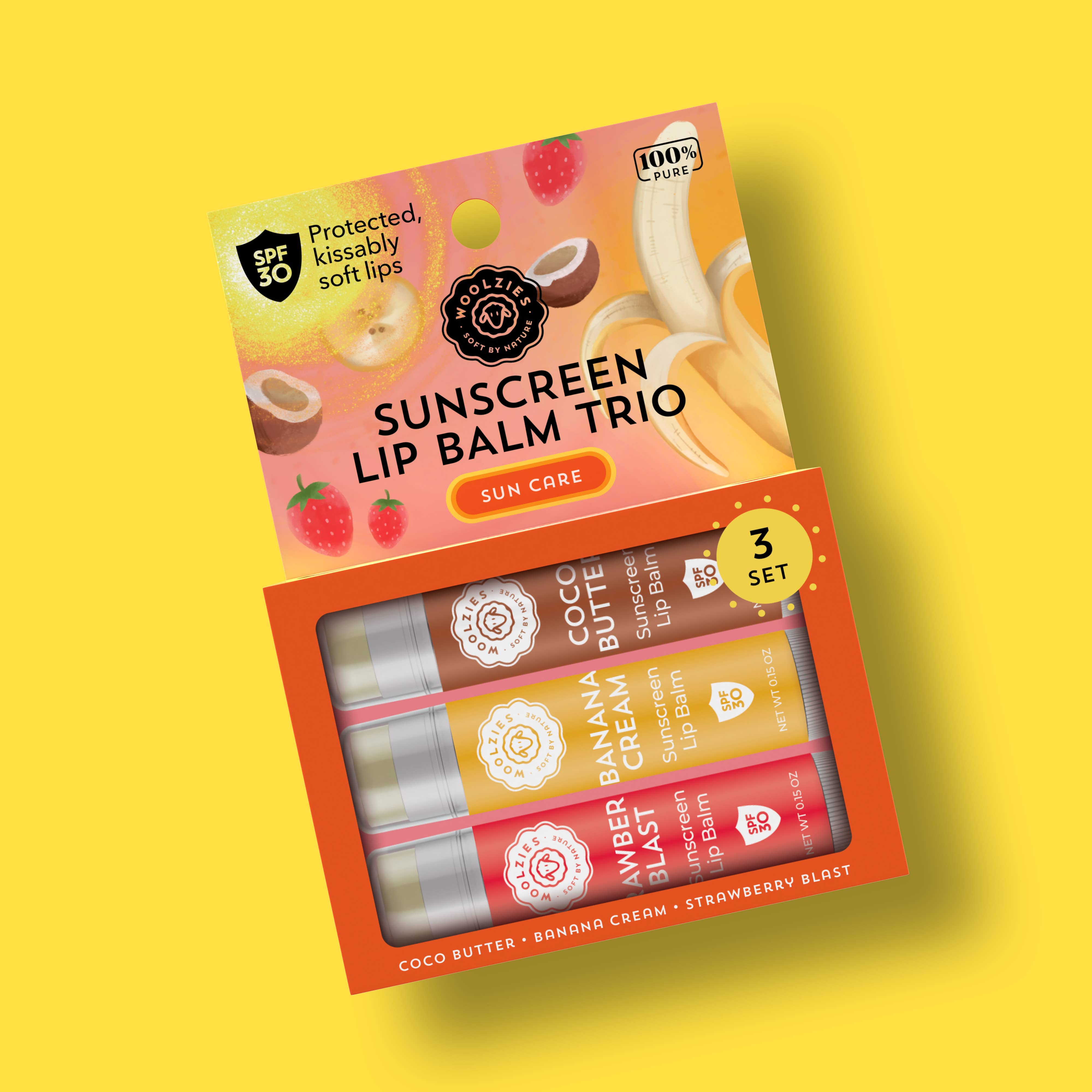 Woolzies - Wholesale Lip Balm Set - SPF Sunscreen Lip Balm Cocoa Butter Banana cream Strawberry1