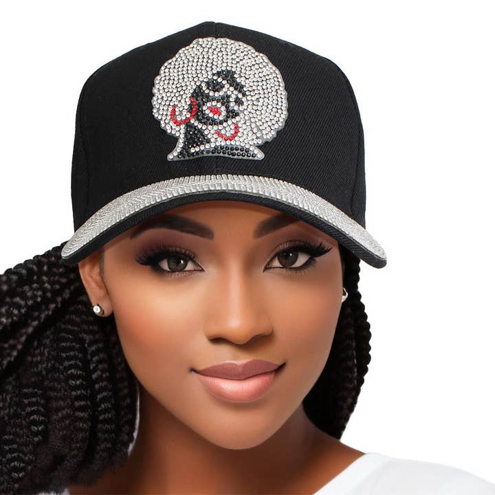 Hat Black Afro Rhinestone Baseball Cap for Women for wholesale by PinktownUSA