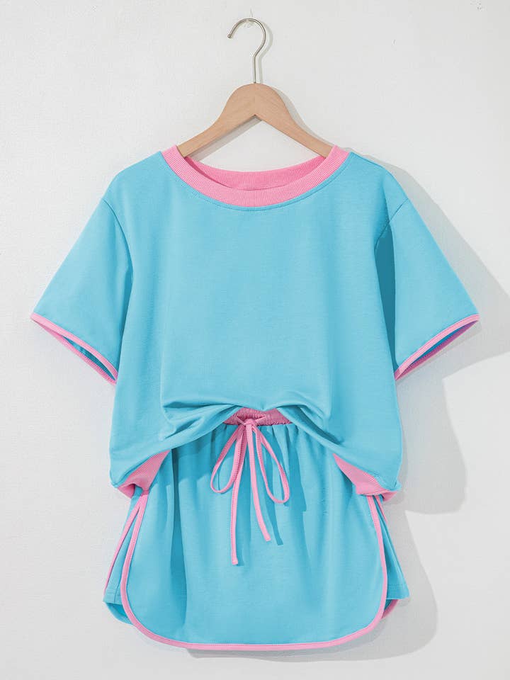 Lovesoft – wholesale Set med topp och kjol - Dam – Bonbon färgblock kant dropp axel T-shirt och skort 2-delars set10