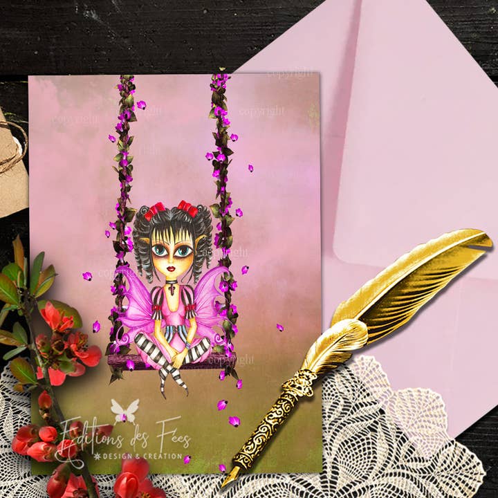 «Pinky's Swing», cartolina con fata rosa, con busta per la vendita all'ingrosso da parte di Editions des Fées